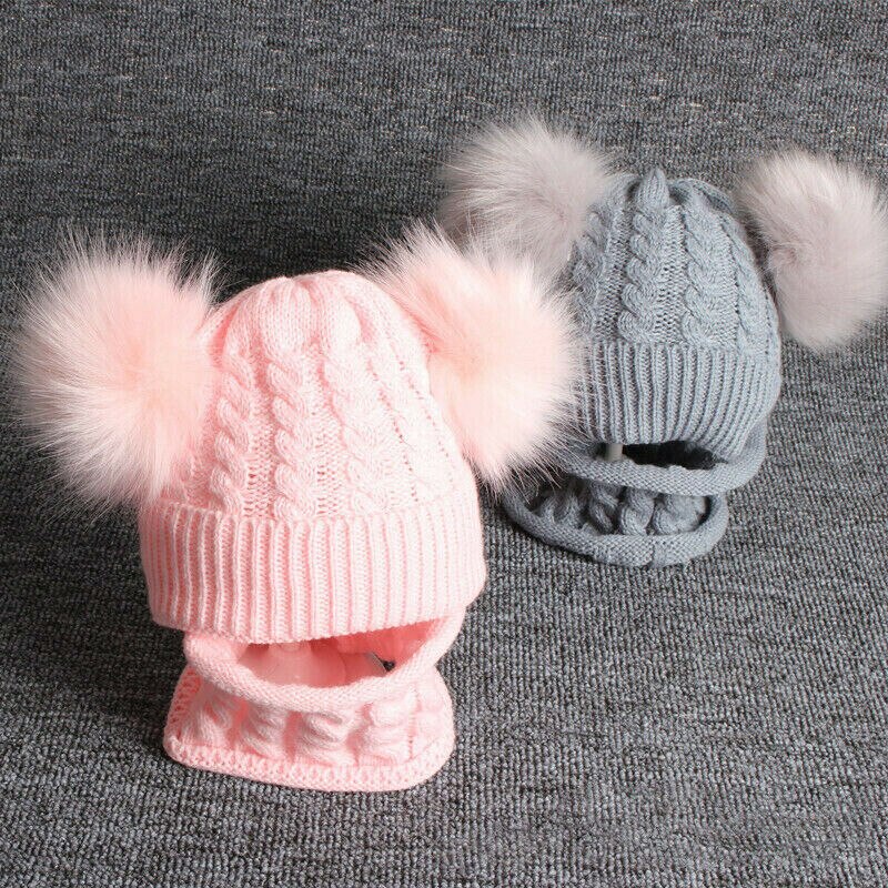 Kit de Gorro con pompón para niño y niña, gorro de punto cálido para invierno, conjunto de bufanda con dos pompones, d88