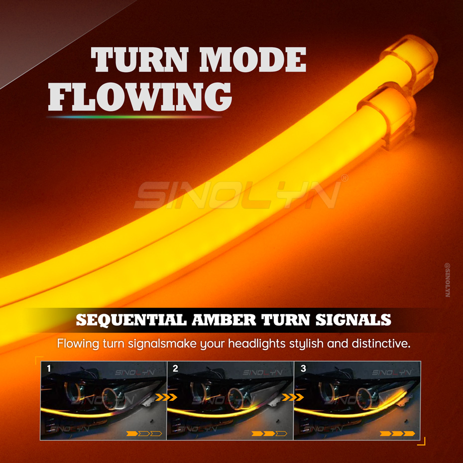 Sinolyn DRL RGB LED Strips Sequential Flowing Dynamic Turn Signal Flexible Lights Headlight Decorative Lights APP Control 12V