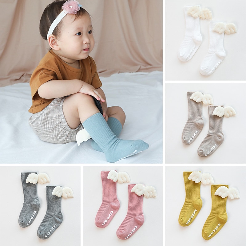 Angel Wings Baby Socks Spring Autumn Cotton Baby Girls Socks Solid Color Anti-Slip Kids Children Middle Tube Sock Sokken 1-3Y