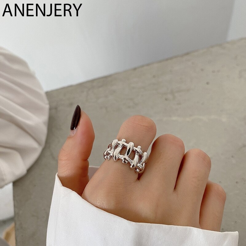 ANENJERY 925 Sterling Silber Unregelmäßigen Gewebten Hohl Ringe Für Frauen Geometrische Offene Ringe