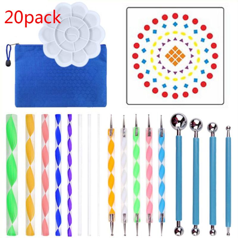 20PC Mandala Dotting Pen Tools Set Mandala Stencil Ball Stylus Paint Tray Nail Art Painting Rocks Dot Kit Craft Coloring Drawing