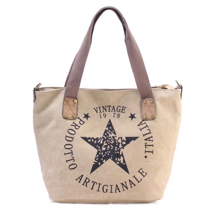 mode canvas vrouwen schoudertas Grote capaciteit casual Tote Pentagram afdrukken handtassen vintage style vrouwen tas: Beige