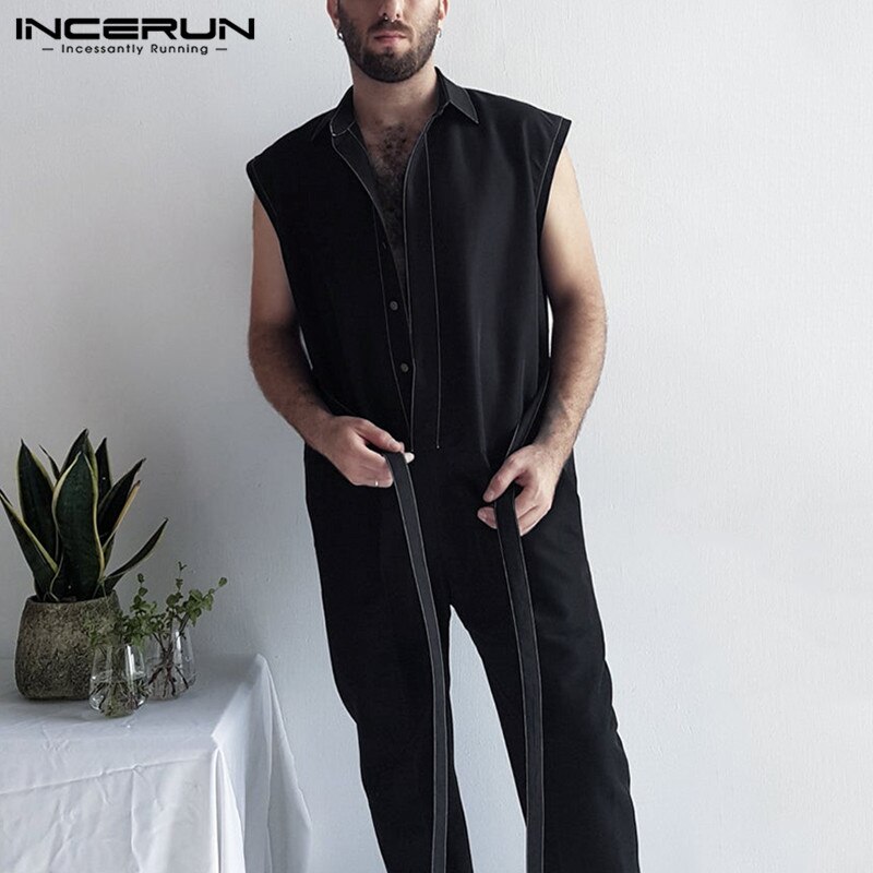 Mono sin mangas para hombre, ropa de calle firme, pantalones con botón de solapa con cinturón, monos para correr, informal para hombre,