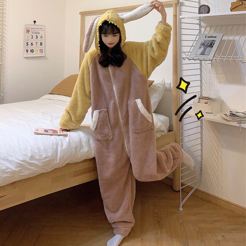 Inverno quente adulto onesie pijamas mulheres kawaii coelho animal flanela cosplay traje adolescente meninas lolita rosa pelúcia fofo pijamas