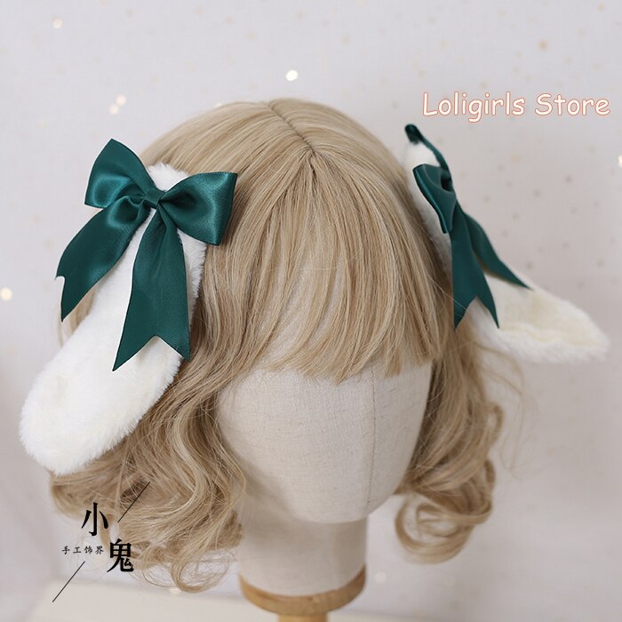 Multicolor Lolita Bunny Ears Hair Clip Hair Accessories Lop-eared Rabbit Hairpin Soft Sister Lolita Bowknot Barrettes Headdress: Dark Green