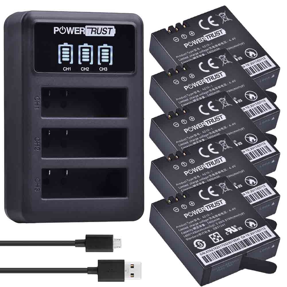 Batería de AZ16-1 para Xiaomi Yi 2, batería de 1400mAh, 3,85 V, AZ16-2 + LED, USB, 3 ranuras, cargador, 4K, Original, Xiao Mi Yi Lite, Cámara de Acción: 5Battery and charger