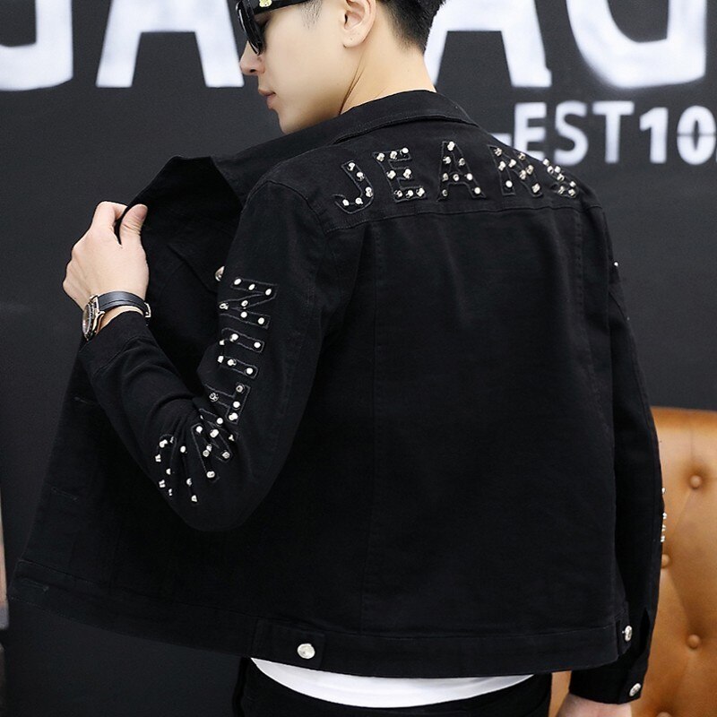 Vintage Letter Rivet Personality Mens Denim Jackets Korean Long Sleeve Single Breasted Punk Slim Casual Chaqueta Hombre