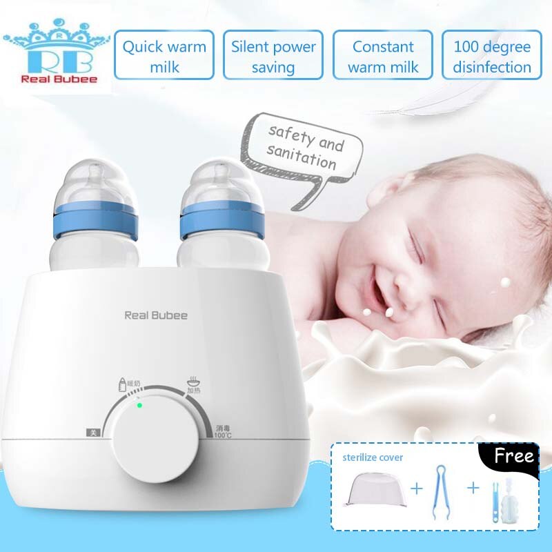 Real Bubee 3 In1 chauffe-lait pour double bouteilles stérilisateur à 3 broches et ensemble Anti-bactérien avec couvercle