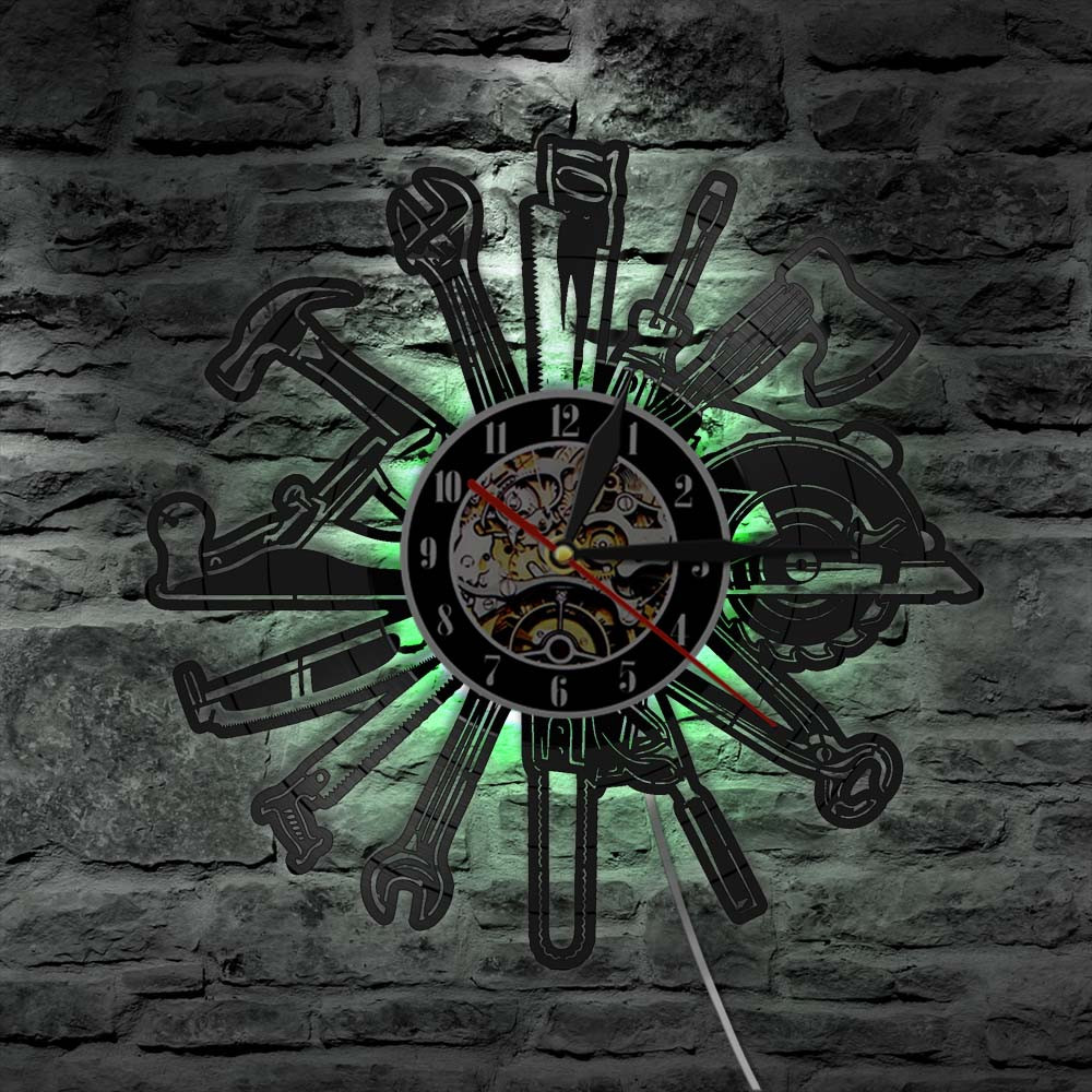 Mechaniker Service Auto Zauberstab Kunst LED Uhr Reparatur Werkzeug Schallplatte Wanduhr Papa der Garage Jahrgang Dekorative Werker