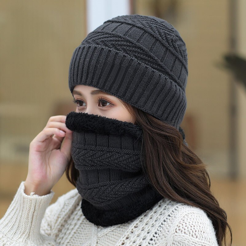 Gorro de invierno tejido, conjunto de bufanda, gorros gruesos de algodón para mujer, cuello, suave gorro de felpa que mantiene el calor para mujer: dark gray