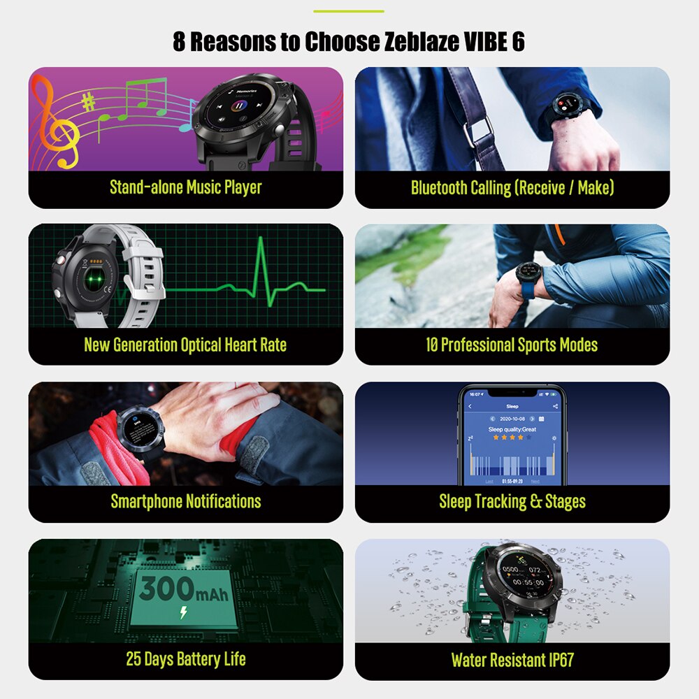 Zeblaze VIBE 6 montre intelligente Bluetooth Smartwatch lecteur de musique recevoir/faire appel fréquence cardiaque 25 jours batterie vie Sport montre