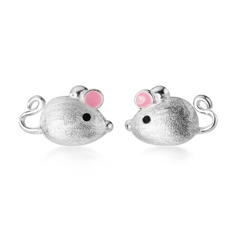 S925 de plata esterlina simétrica Rosa pequeña rata ratón forma pendientes para niños niñas bebé chino joyería de zodiaco: Default Title