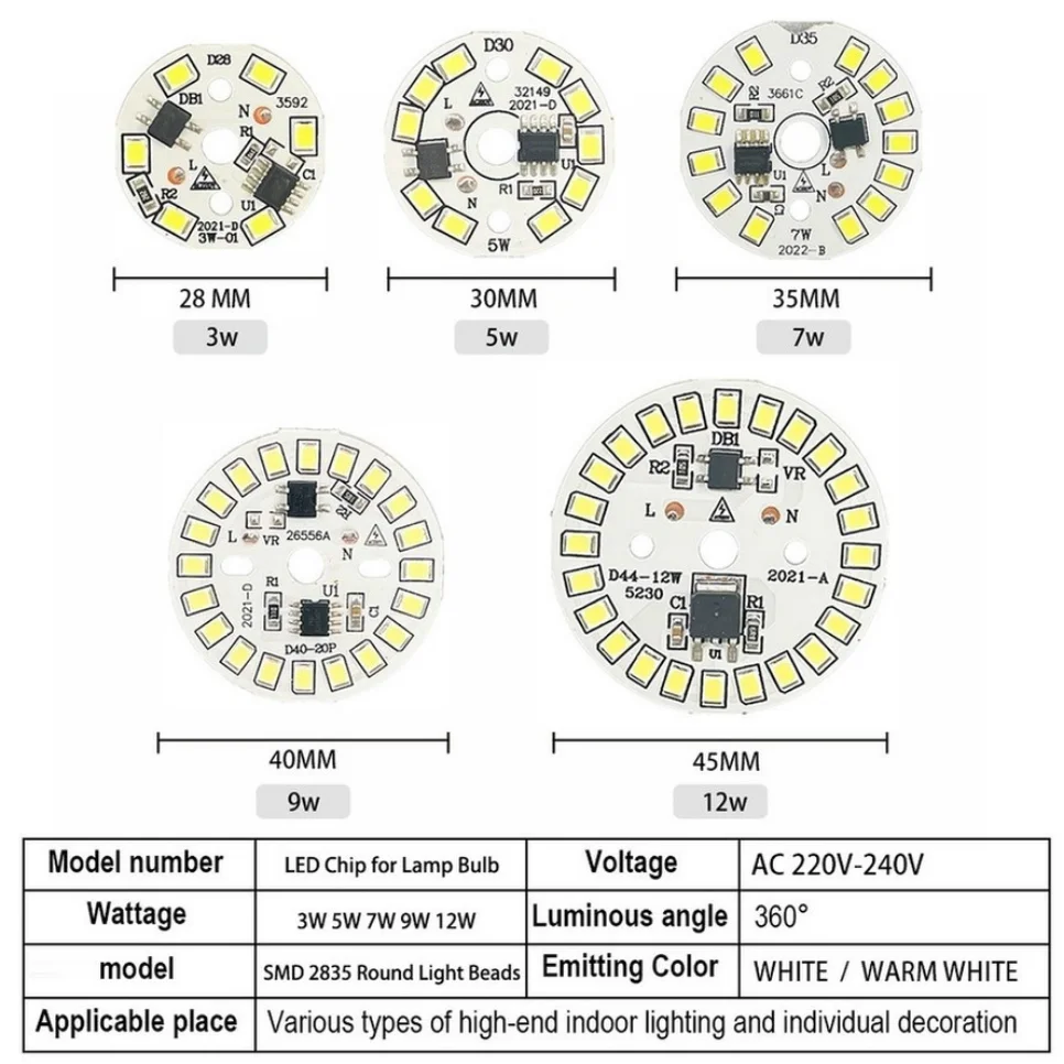 Puce LED pour ampoule 3W 5W 7W 9W 12W 15W SMD 2835 puces d'ampoule rondes LED perles lumineuses AC 220V-240V puce d'ampoule de projecteur d'éclairage