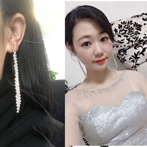 GRACE JUN Full Rhinestone Long Dangle Clip on Earrings Women&#39;s Party Wedding Boho Earrings Jewelry Ear Clip