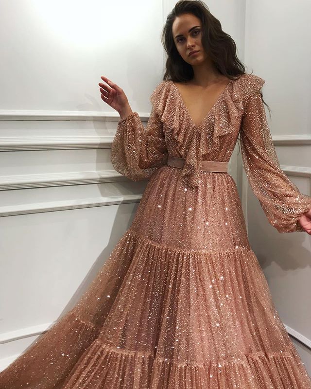 Blush Pink Prom Dresses Long Sleeve Bling Bling V Neck A Line Evening Gown Formal Dress Vestido De