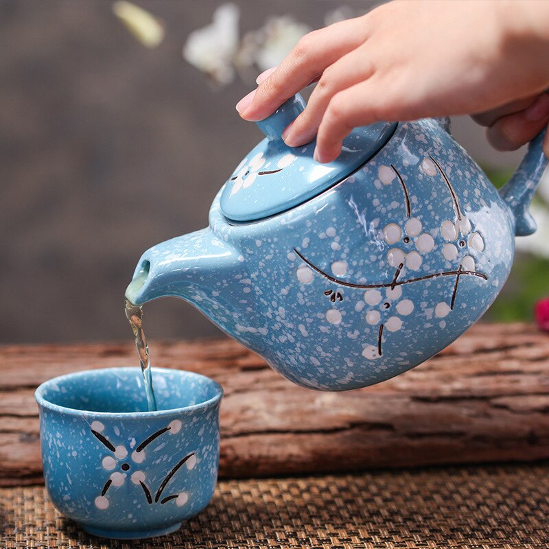 Tea Set High-grade Bone Porcelain Snow TeaSet Festival Bottle, Water Cup Box Pink Blue Six Cups Ceramic Teapot Set