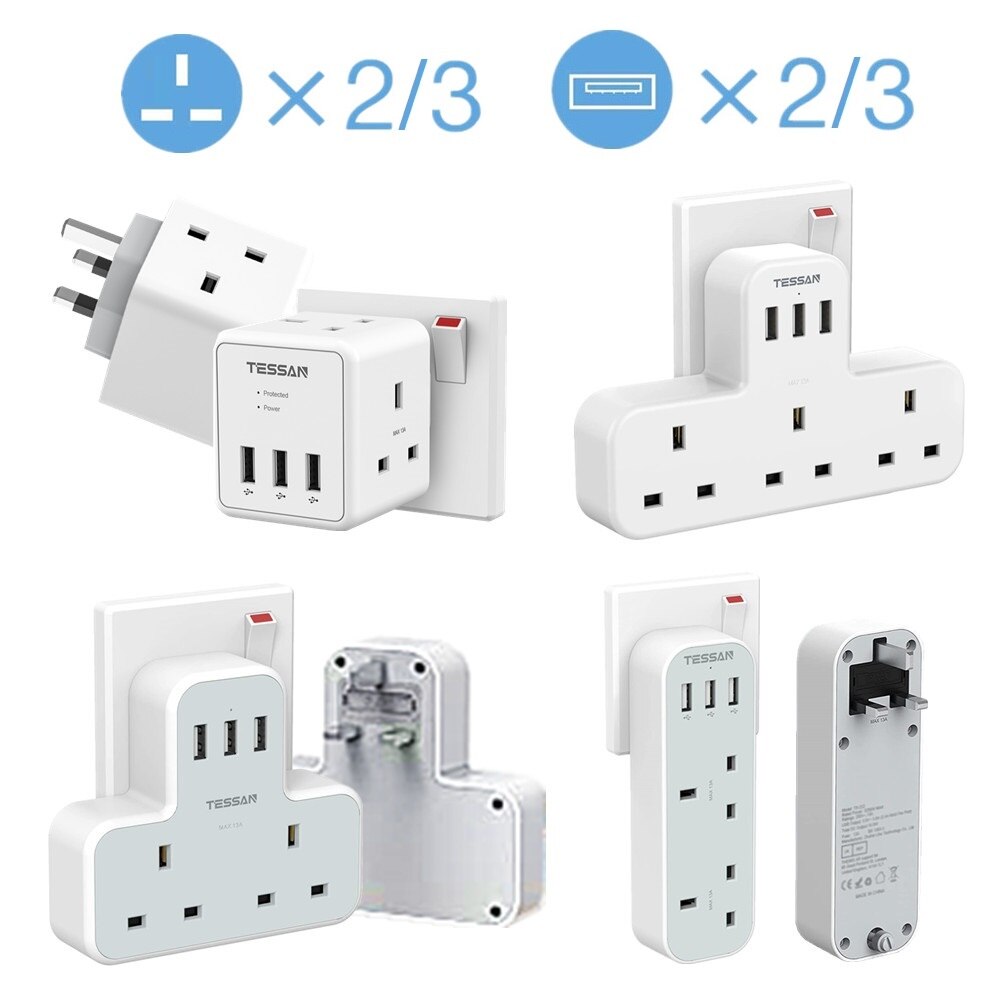 UK Power Strip with 3 USB Charging Ports and 2 Outlets Multi Sockets Wall Charger Electrical Plug 100-250V Adapter for Home
