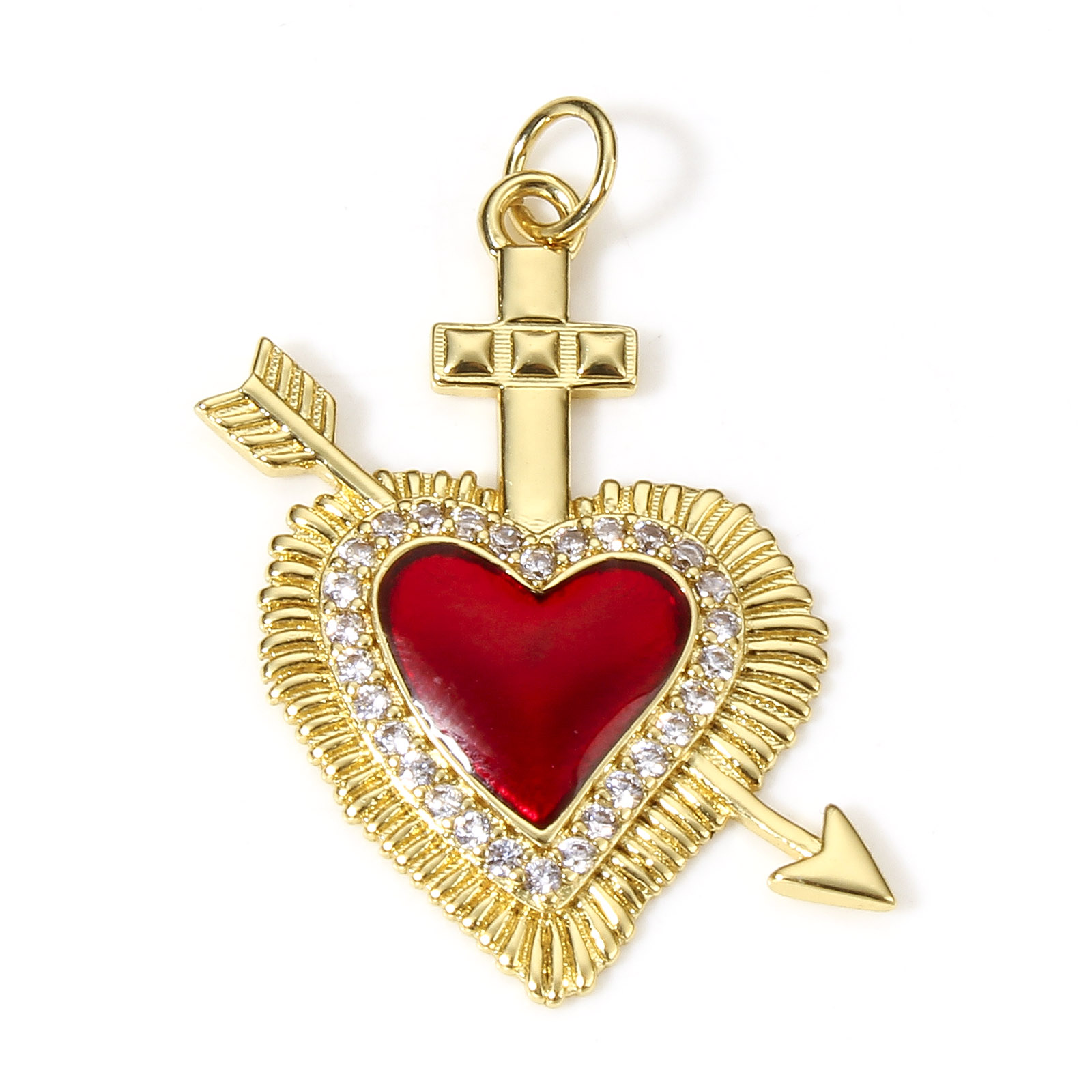 1 pieza de dijes de corazón religioso rojo clásico para la fabricación de joyas, colgantes Ex Voto de Color dorado, collar de circonia cúbica transparente DIY: Bañado en rodio de imitación