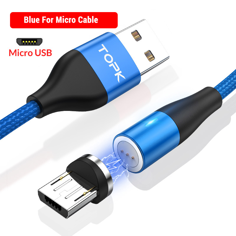 Topk AM60 3A Snel Opladen Led Magnetische Micro Usb Type C Kabel Voor Iphone Xs Max 8 7 6 Telefoon kabels: Micro Cable Blue