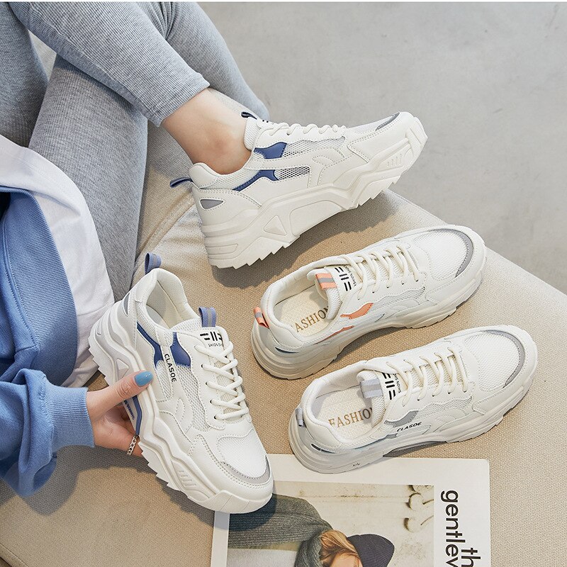 Siatkowe stare buty damskie 2021 nowe wiosenne i letnie oddychające sportowe buty do biegania dzikie studenckie dorywczo grube podeszwy białe buty