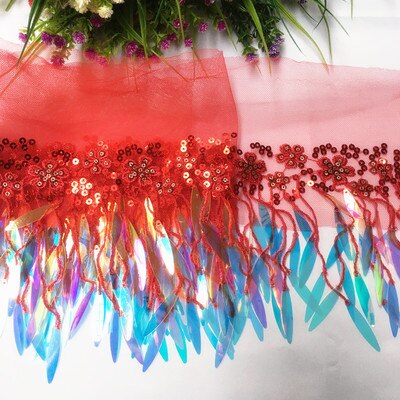 Sequins Mesh Lace Fabric Trim Ribbon Tassel Fringe Edge Embroidered Sewing On Accessories Craft Wedding Dress Party Halloween: red