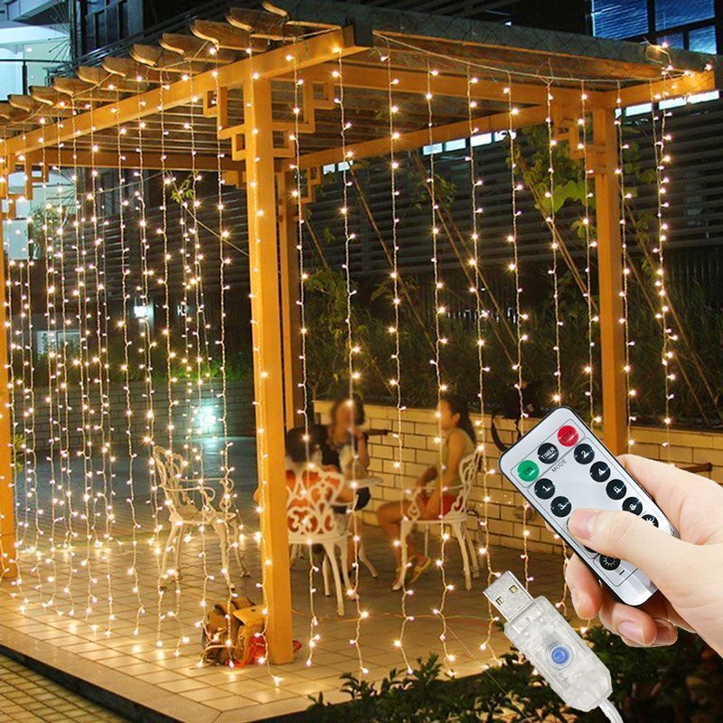 Cortina de luces LED con Control remoto, guirnalda de luces de hadas para decoración de dormitorio y sala de estar, USB, 8 modos, 3/6M: Azul / 51-60 W
