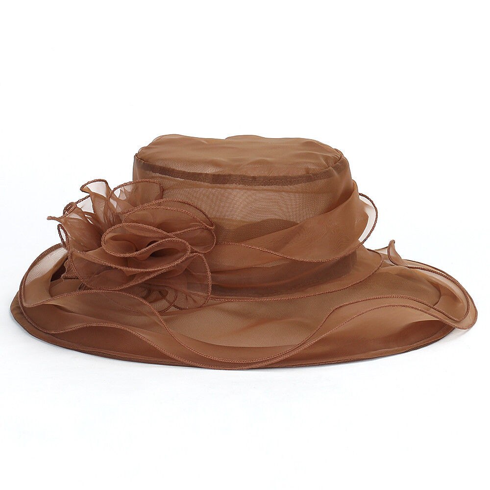 Kvinner vidkant kentucky derby solhatt bryllup teselskap kirke organza hatter lilla gull rød blå rosa