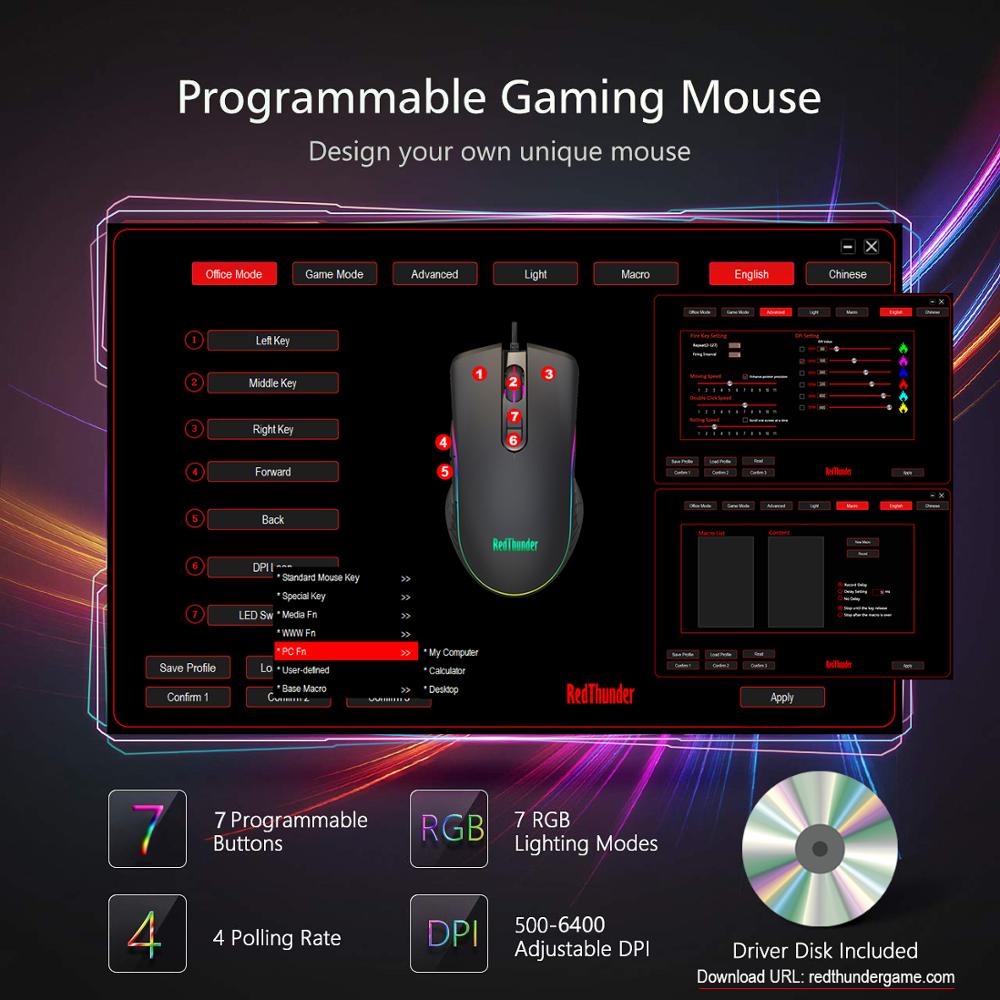 RedThunder Gaming Mouse Wired, 7 Programmable Buttons, Chroma RGB Backlit, 6400 DPI Adjustable, Comfortable Grip Ergonomic