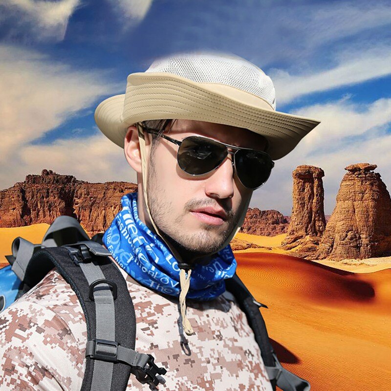 Balde chapéu de secagem rápida leve dobrável sombrinha ao ar livre pescador boné com queixo corda caqui