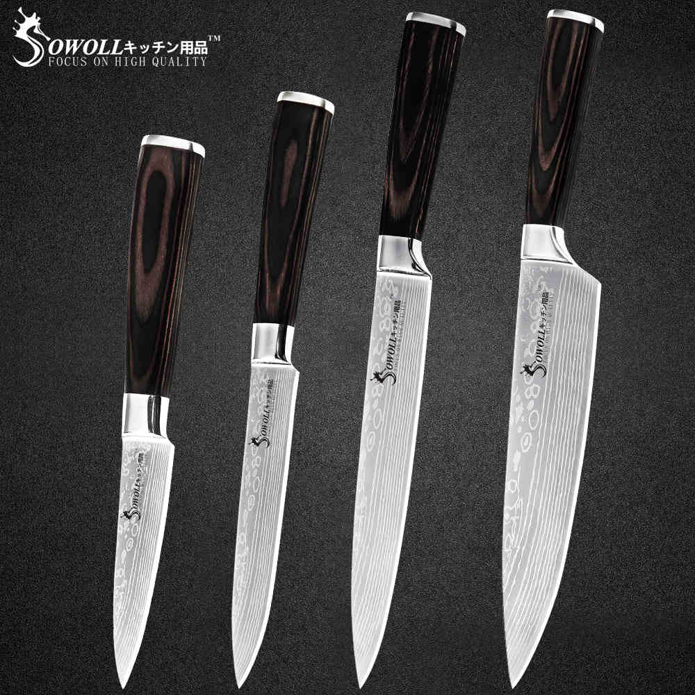 Sowoll Stainless Steel Cooking Knife Damascus Pattern Blade Chef Slicing Santoku Utility Paring Knife Camping Cooking Tools: D.4PCS SET
