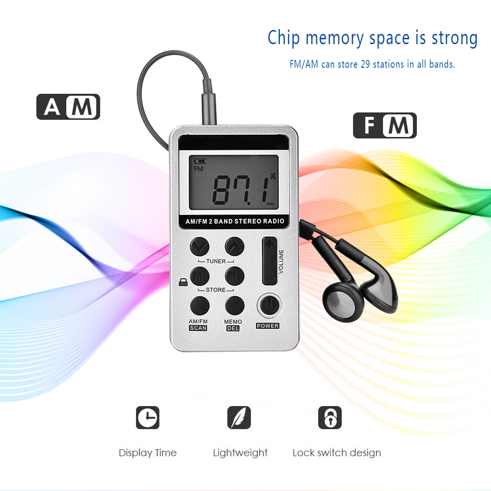Draagbare mini digitale stereo radio met oordopjes, am fm lcd-scherm, voor hardlopen, excursies, vrije tijd in het park