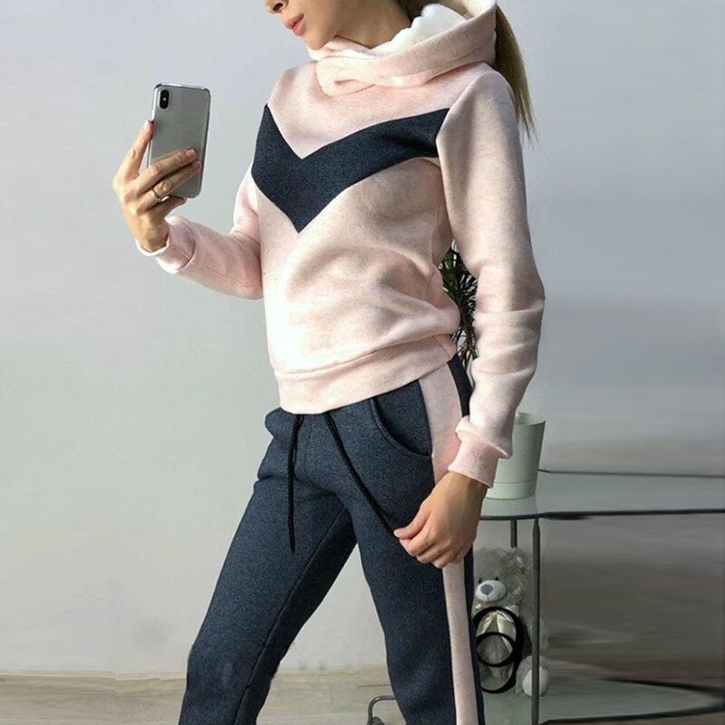Europäischer und amerikanischer damen-fleeceanzug für herbst und Winter, 2 -teilig, Sport und freizeit, lauf- und fitnessbekleidung, figurbetont: Schwarz rosa / S
