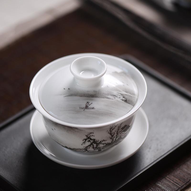 140 ml Jingdezhen Gaiwan Hand Geschilderd Landschap Patroon Porselein Drinkware Master Thee Kom Theeceremonie Decoratie Collectie