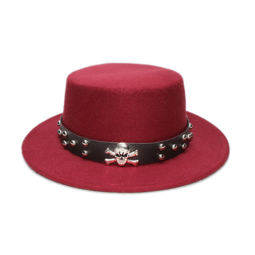 Retro dödskalle läderband förälder-barn unisex /barn ull bred brätte fedora fläskpaj fläsk-paj hatt bowler rund keps  (57cm/54cm): Vin / Vuxen storlek 57cm