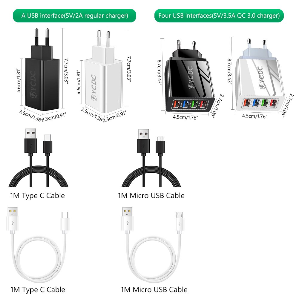 5V 3.5A/2.0A USB Phone Wall Charger Power Adapter EU Plug Universal With Cable for iPhone 13 12 Pro iPad Huawei Samsung