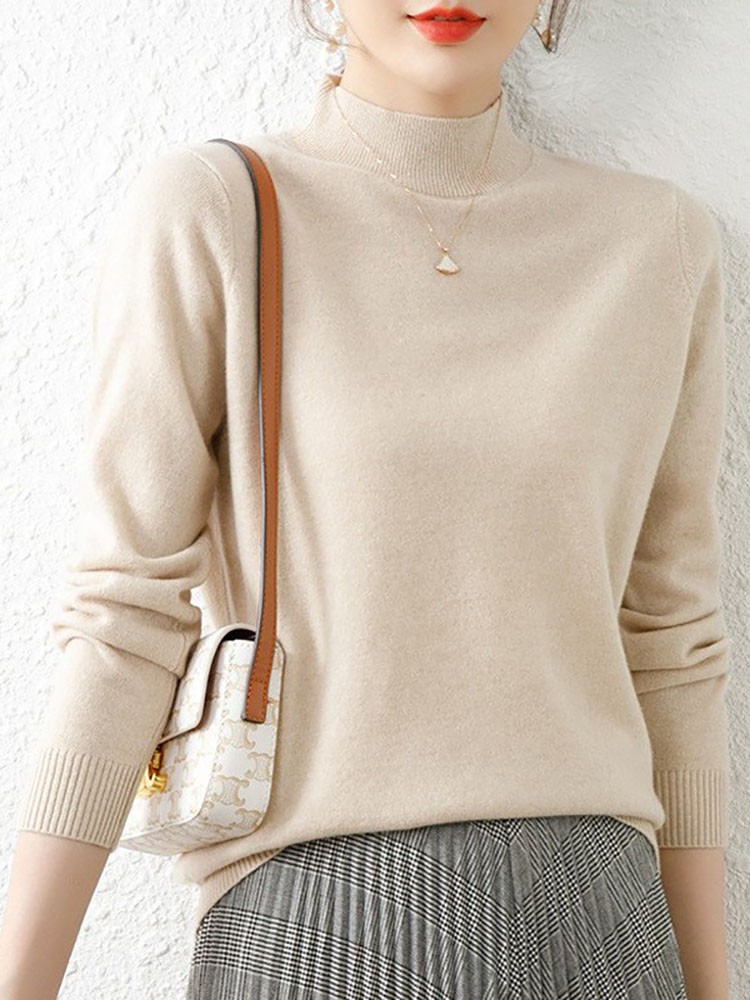 Outono inverno blusas inferiores moda feminina chique gola alta pulôver fino manga longa malha jumpers macio quente pull femme topo: Bege