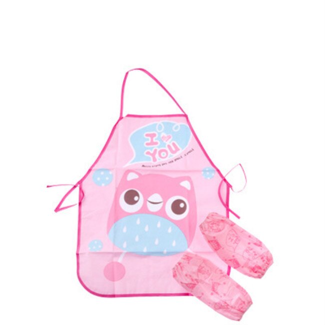 Newborn Baby Waterproof Apron Oversleeves Set Children Gown for Painting Kids Sleeveless Small Bib Apron for Kitchen Accessories: pink owl