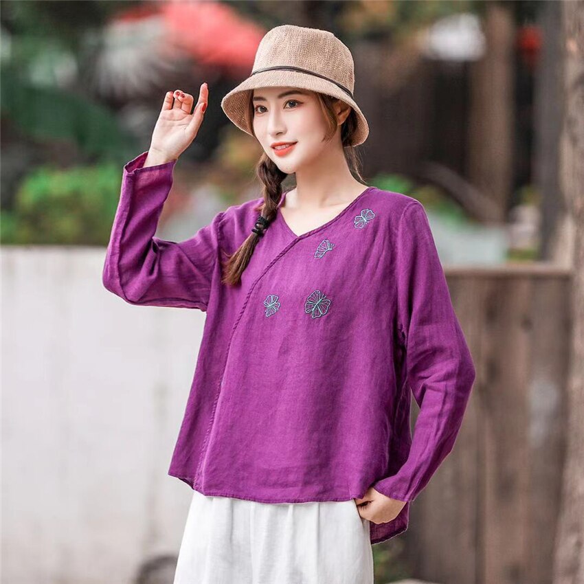 Tops de estilo chino tradicional para mujer, ropa de talla única de lino de Color sólido, camiseta de manga larga con escote en V fino estampado, novedad de: Color3
