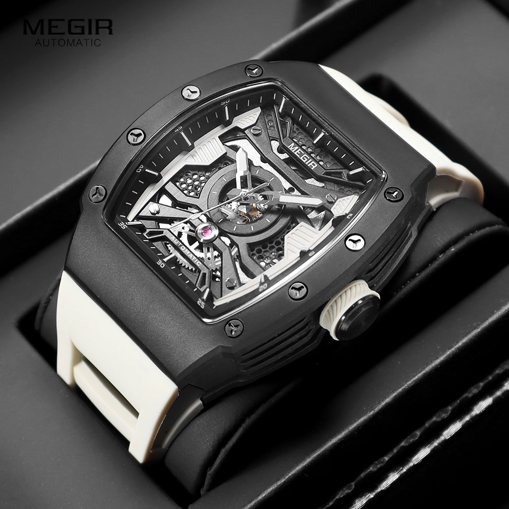 Reloj mecánico automático MEGIR para hombre con caja de acero inoxidable, correa de silicona, reloj de pulsera luminoso resistente al agua a la 8604