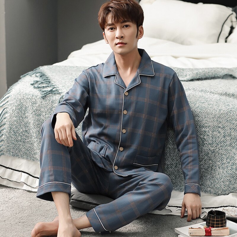 Spring 100% Cotton Pajamas Men Lounge Sleepwear Blue Plaid Pijama Man&#39;s Warm Bedgown Home Clothes PJ Pure Pijama Hombre Invierno: XL