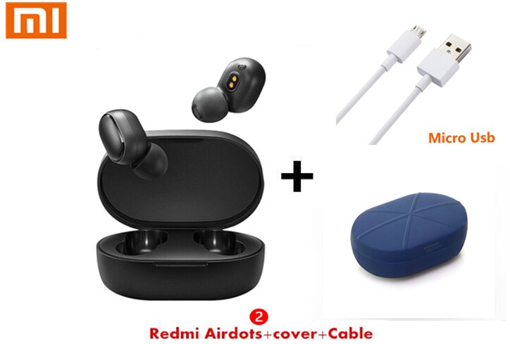 Original Xiaomi Redmi Airdots 2 TWS Earphone Wireless bluetooth 5.0 With Mic Handsfree Earbuds AI Control headset: with Navy blue case