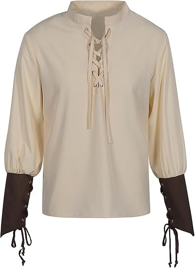 Camicia da uomo medievale rinascimentale con lacci Camicia da pirata Steampunk vintage a maniche lunghe Costume da vichingo: L / Cachi