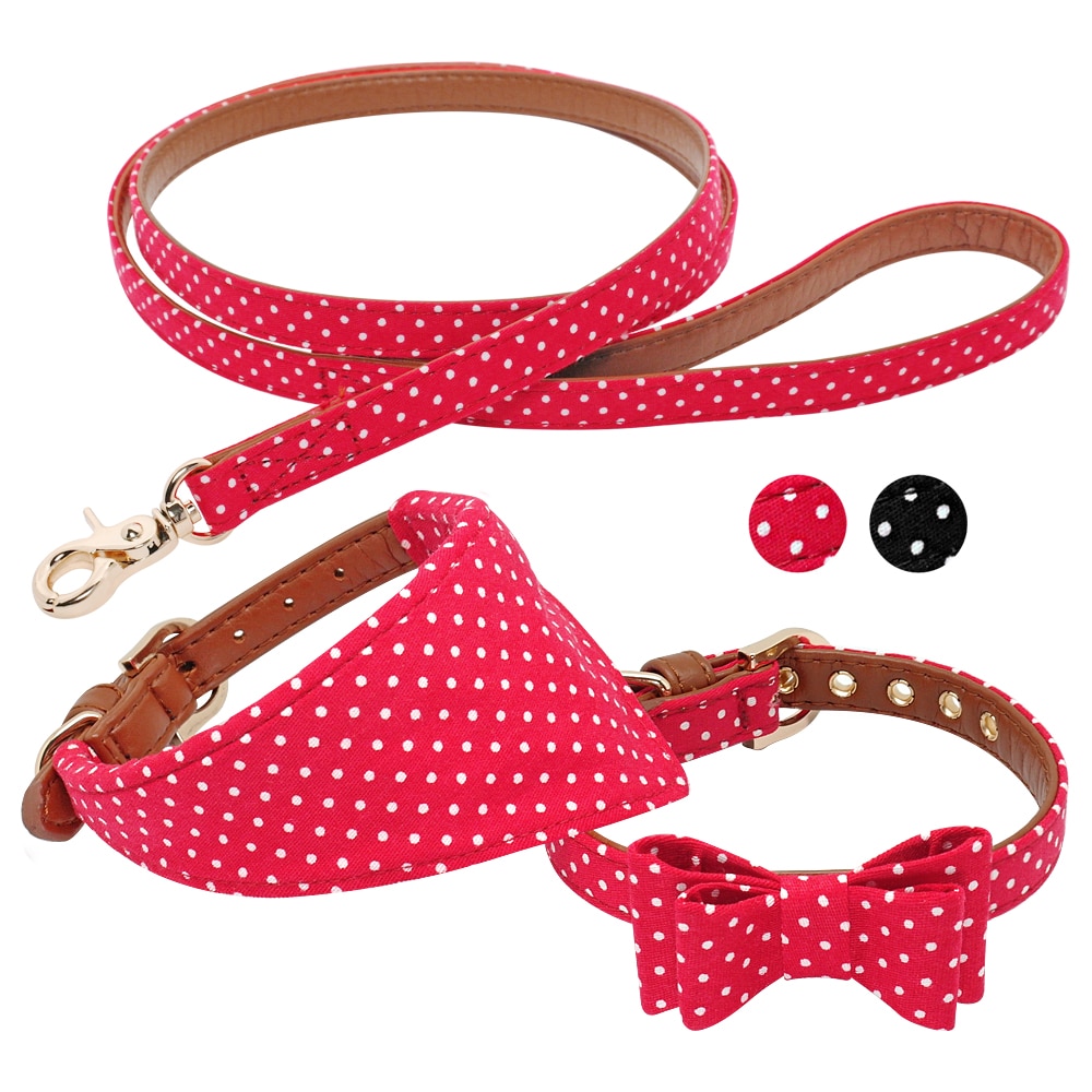Collier en cuir pour chiens, Bandana, laisse de marche pour chiens, mignon à points, avec nœud pour chats, laisse en plomb pour petits et moyens chiots, Chihuahua
