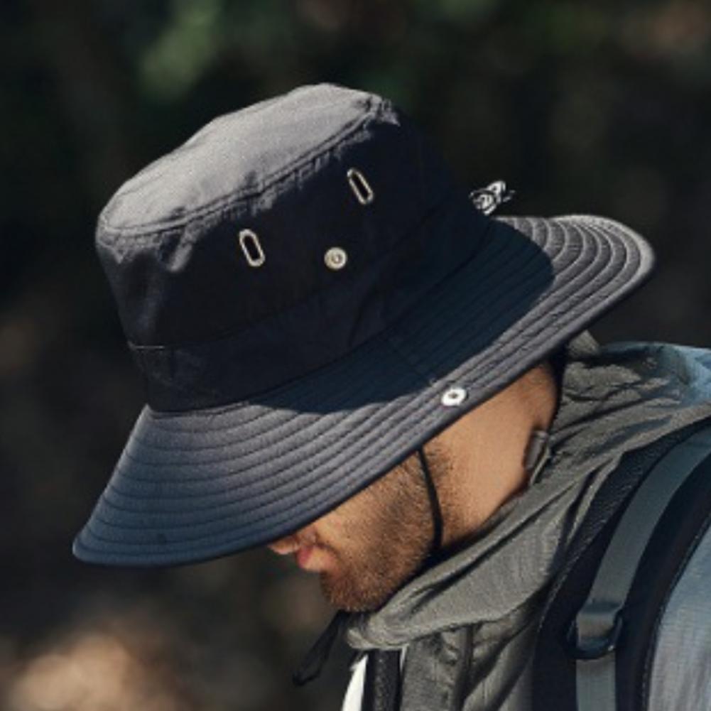 Summer Men Sun Hat Anti UV Sun Windproof Strap Wide Brim Bucket Hat Foldable Portable Travel Cap Fisherman Hat
