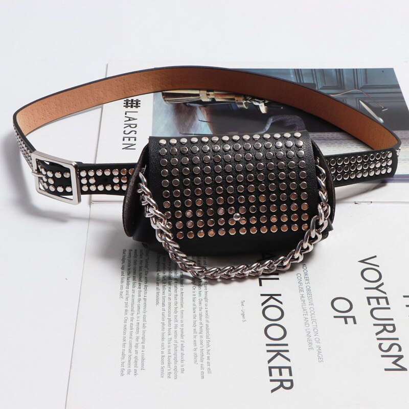 DAEYOTEN Punk Waist Bag Women Luxury Rivets Fanny Pack Crocodile Pattern Coin Purse Chain Mini Belt Bag ZM0767