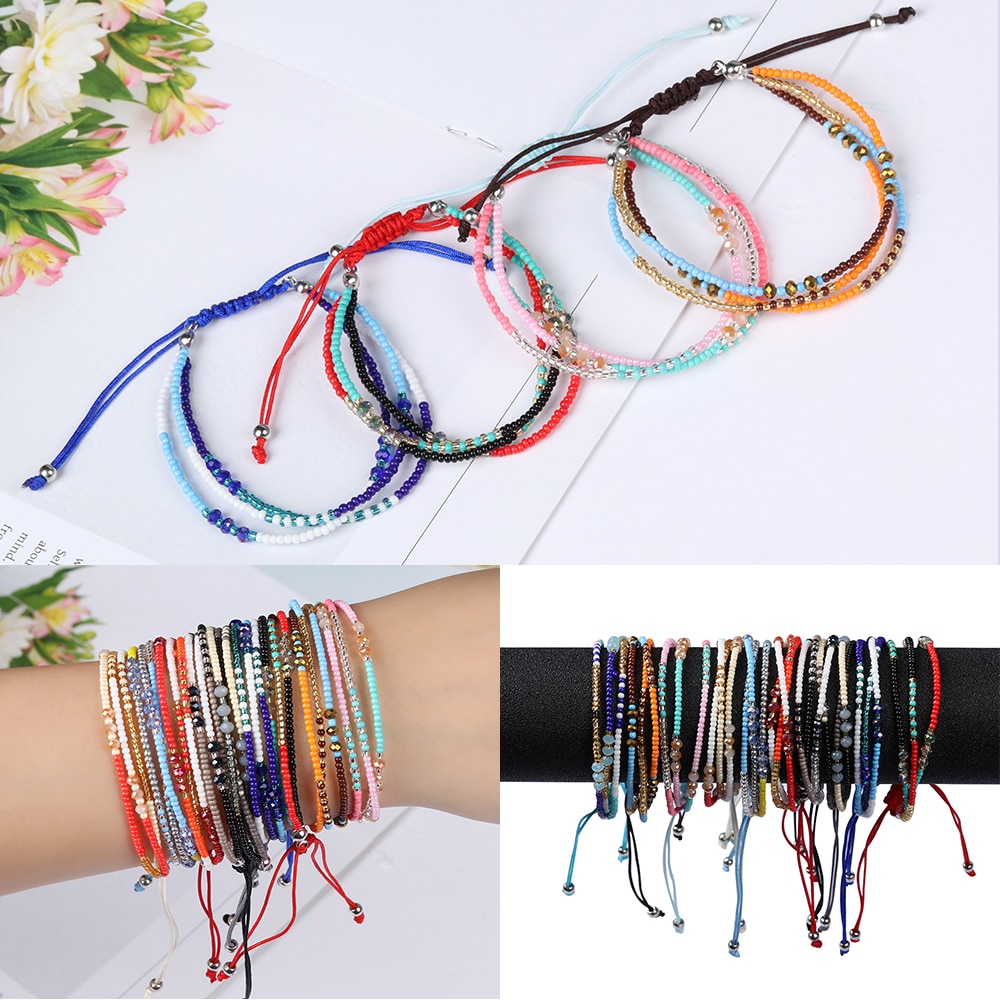 Bohemian Women Bracelet Handwoven Multi-layer Colorful Seed Beads Bracelets Retro Rice Adjustable Rope Bangles Jewelry