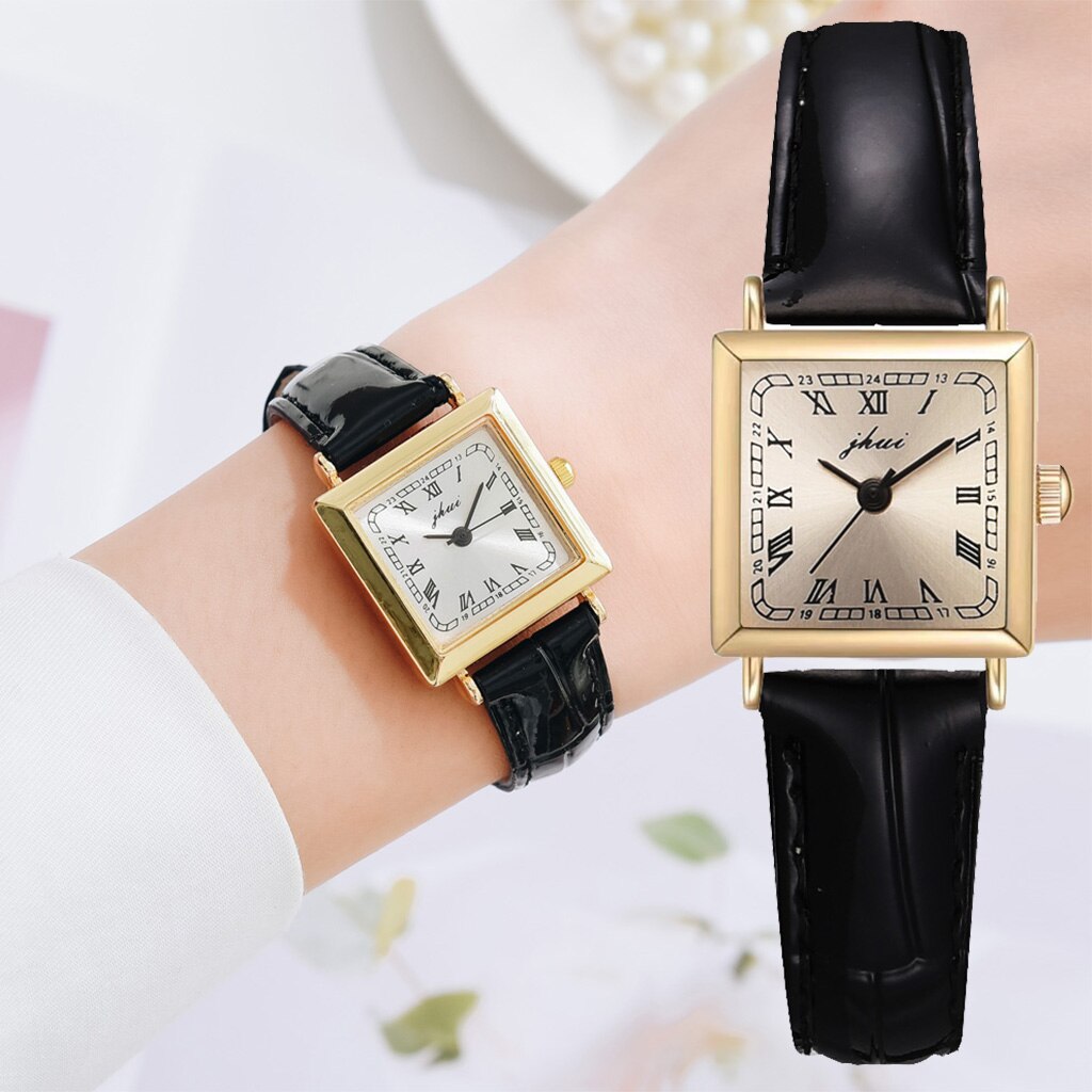Klassieke Vierkante Luxe Quartz Horloge Voor Vrouwen Casual Leather Horloge Met Lederen Polsband Zwarte Klok Montre Femme