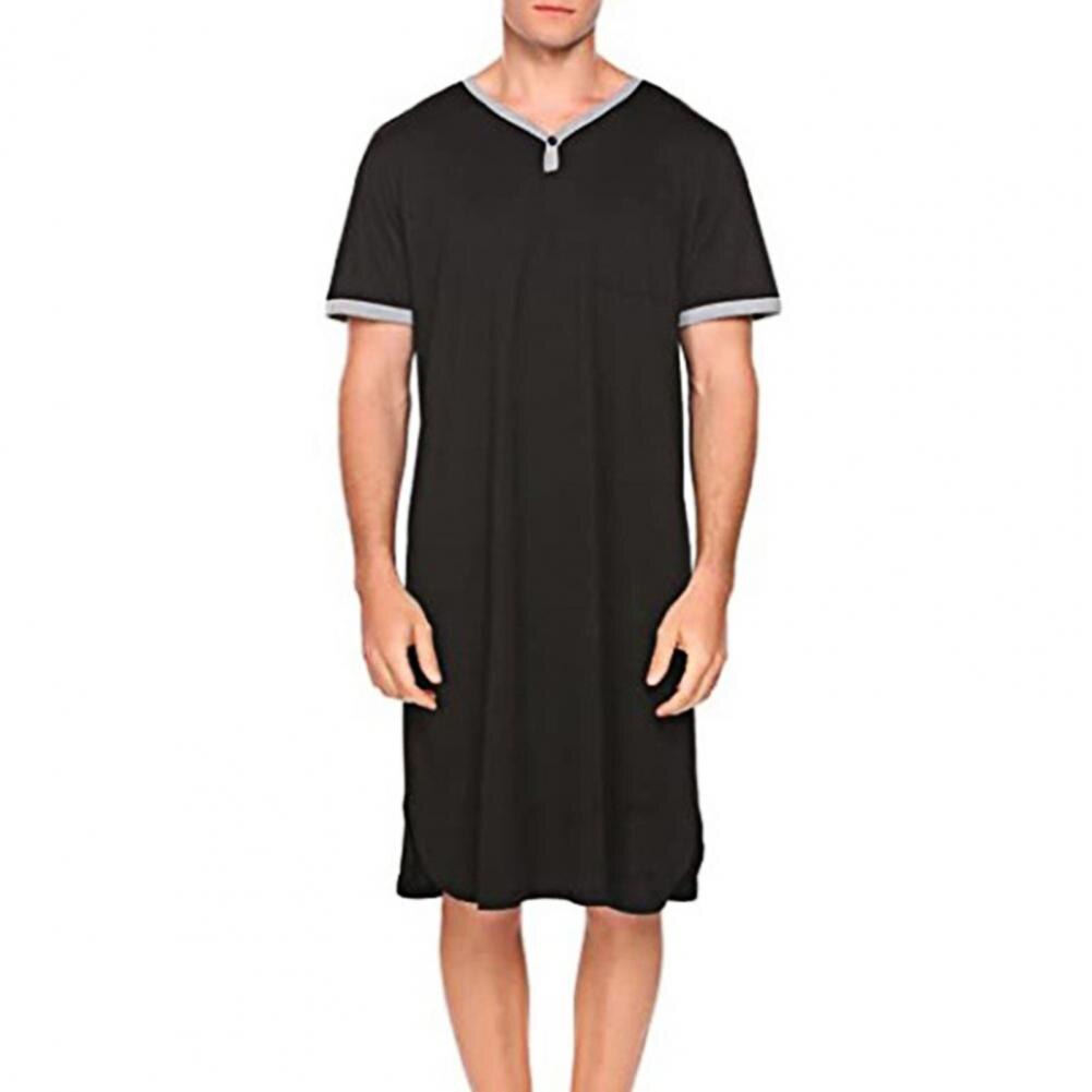 Gewaden Mannen Korte Mouw O Neck Pocket Nachthemd Losse Knielange Nachtjapon Homewear: Black / 3XL