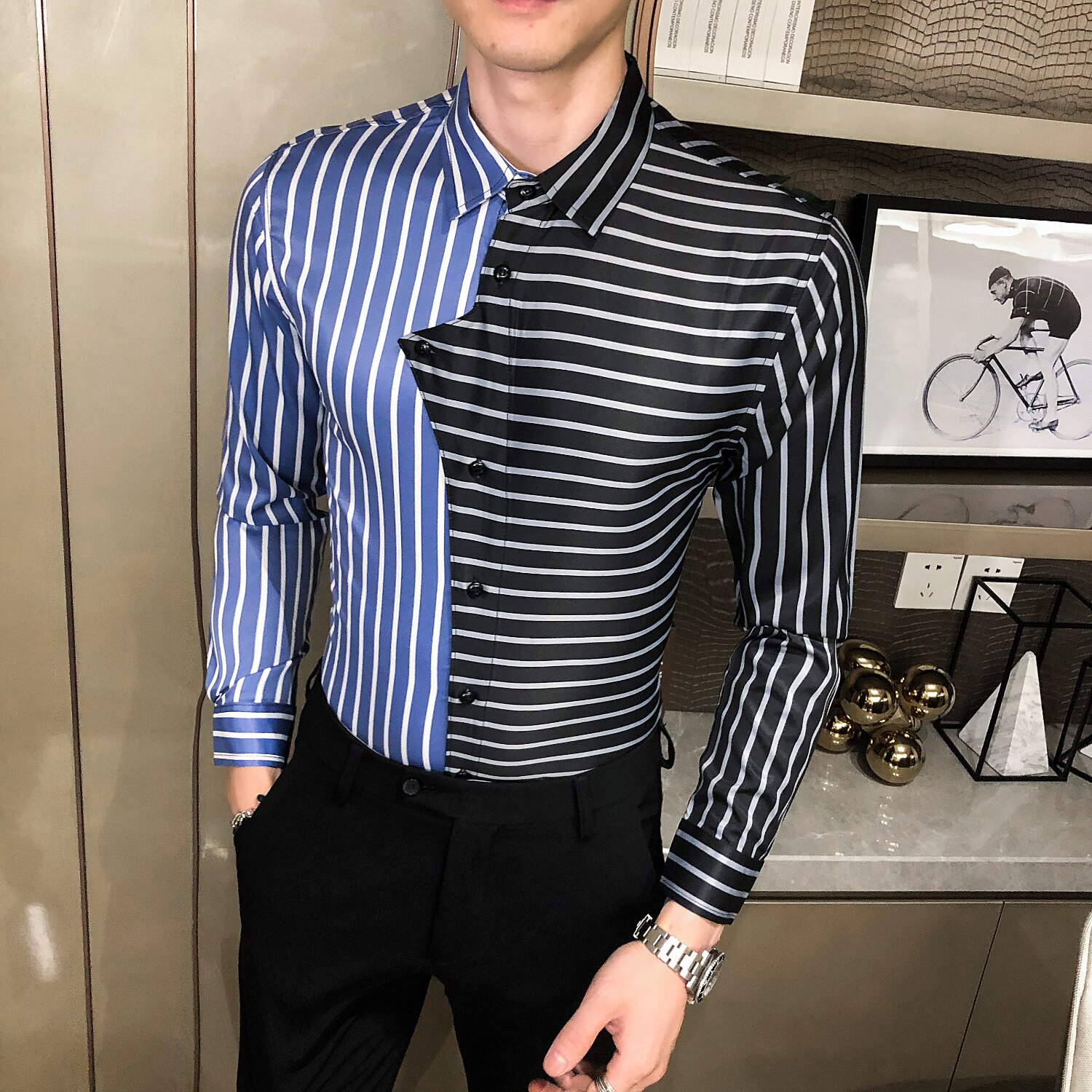 Skjorte med stribesyning blomstret skjorte mænd slim fit casual mænd social skjorte langærmet natklub luksus camisa masculina: Sortblå / Koreansk  m 48-52kg