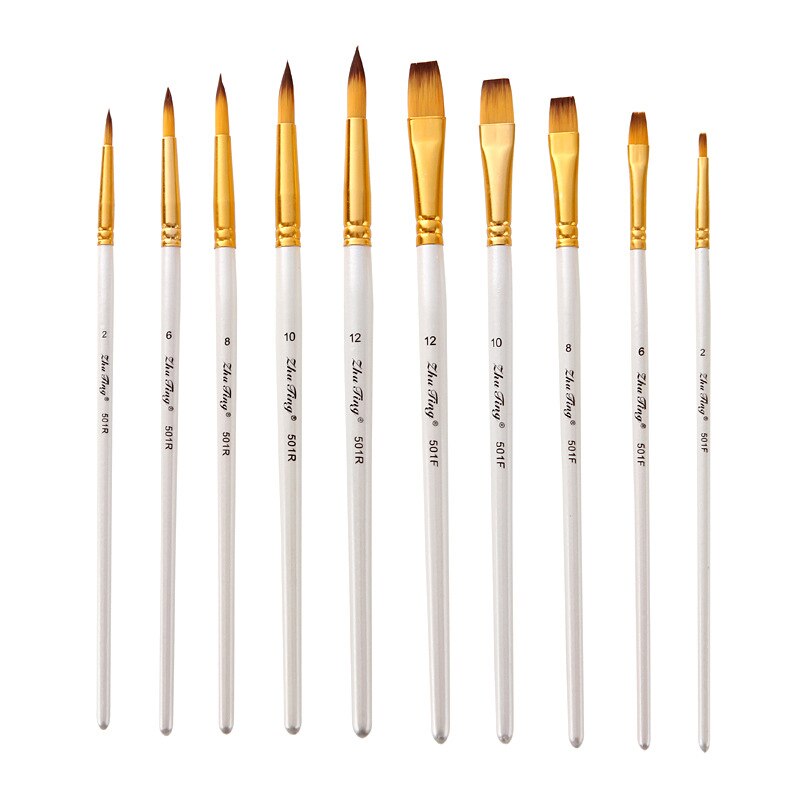 Pincel de nailon para pintura acrílica Gouache, suministros de arte, punta plana, tubo dorado, blanco, 5 unids/paquete
